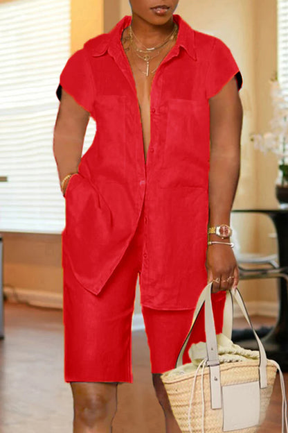 Casual Double Pocket Front Shirt & Shorts Set