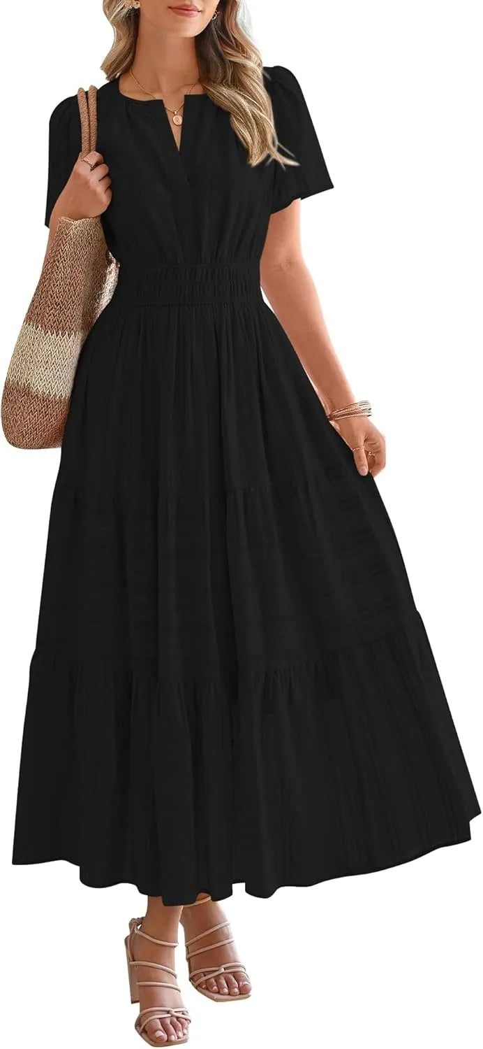 Lightweight Short Sleeve V Neck Elastic Waist Boho Beach Dress Pockets