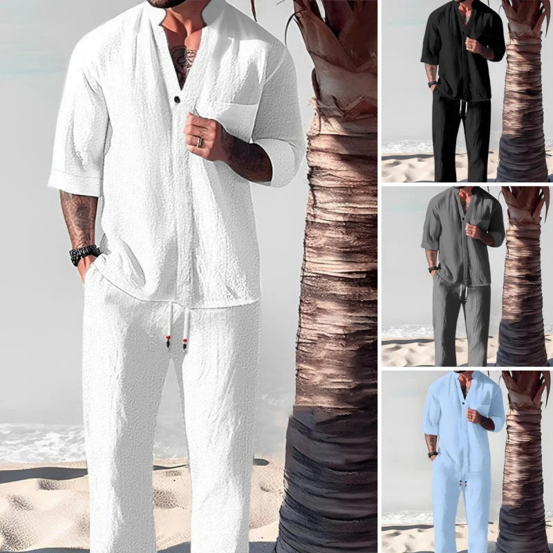 Men's two-piece set in cotton linen: top and trousers