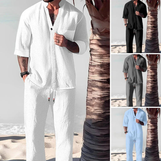 Men's two-piece set in cotton linen: top and trousers