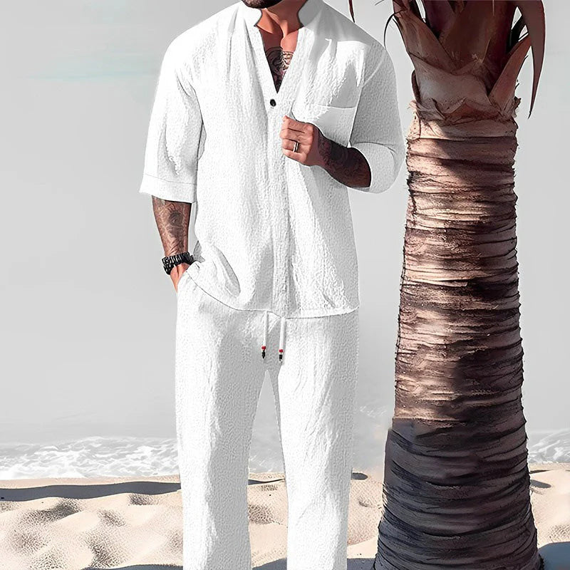 Men's two-piece set in cotton linen: top and trousers