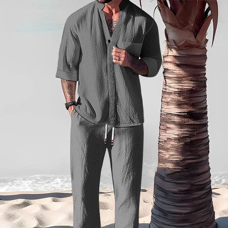 Men's two-piece set in cotton linen: top and trousers